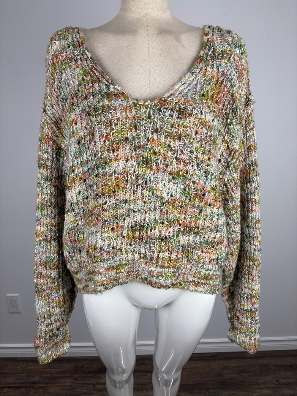 Free People Highland V-Neck Sweater Chunky Knit Multicolor XS